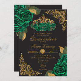 Groene Rozen Zwart Goud Glitter Tiara Quinceañera Kaart