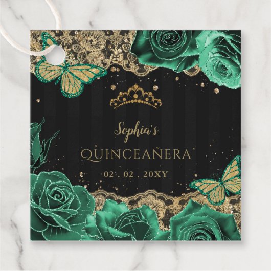  Groene Rozen Zwart Goud Kant Quinceañera Bedankjes Labels (Voorkant)