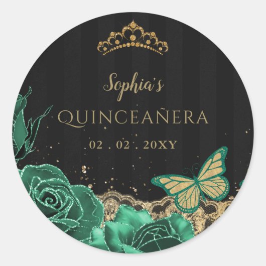  Groene Rozen Zwart Goud Kant Quinceañera Ronde Sticker (Voorkant)
