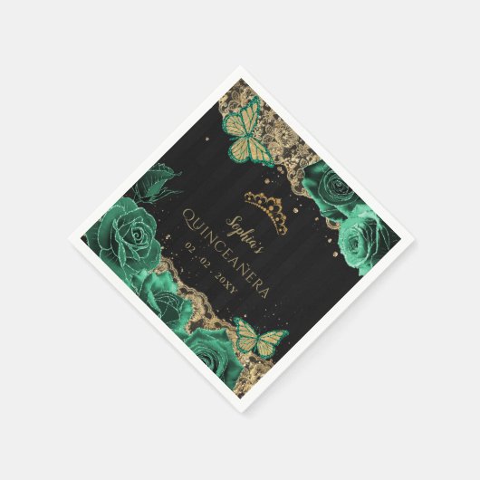  Groene Rozen Zwart Goud Kant Quinceañera Servet (Hoek)
