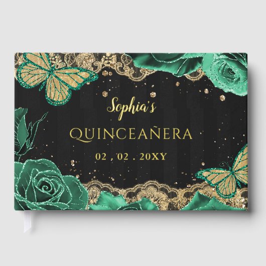 Groene Rozen Zwart Goud Kant Vlinder Quinceañera Gastenboek (Voorkant)