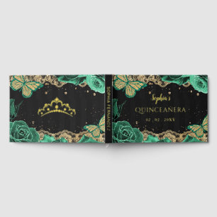 Groene Rozen Zwart Goud Kant Vlinder Quinceañera Gastenboek