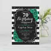 Groene Rozen Zwart Wit Strepen 70e Verjaardag Kaart (Staand voorkant)