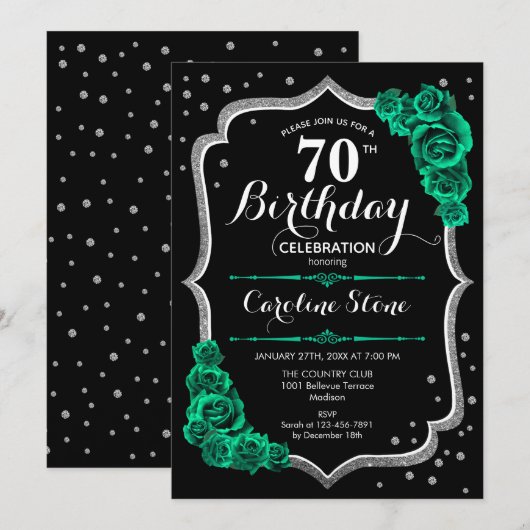 Groene Rozen Zwart Zilver 70e Verjaardag Kaart (Voorkant / Achterkant)