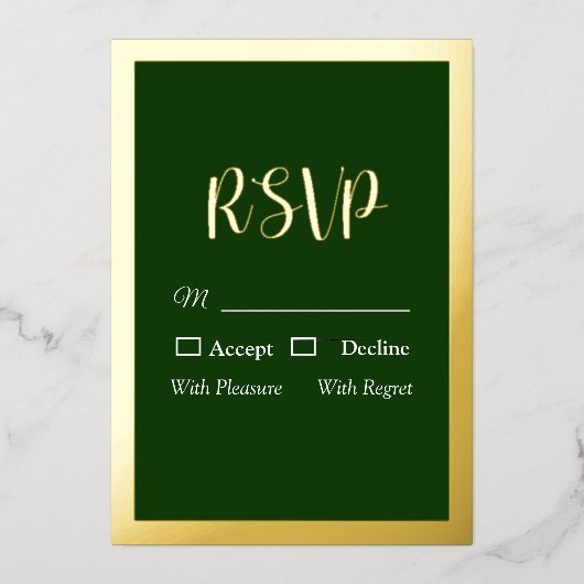 Groene RSVP-kaart met Elegant Gold Script en Lijst Folie Uitnodiging (Voorkant)