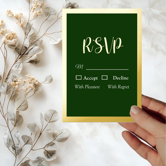 Groene RSVP-kaart met Elegant Gold Script en Lijst Folie Uitnodiging