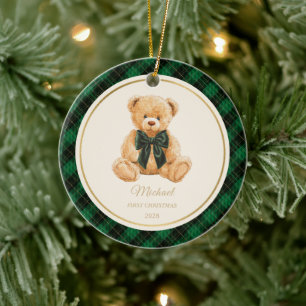 Groene ruit baby eerste kerst teddybeer foto keramisch ornament