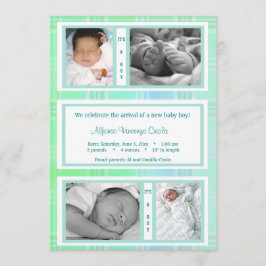 Groene ruitfoto geboorteaankondiging vier foto's aankondiging