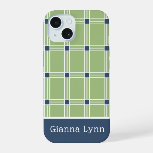 Groene ruitjesmonogram met vensterpaneel iPhone 15 case (Achterkant)