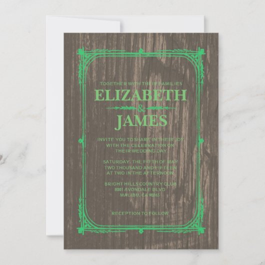Groene Rustic Barn Wood Wedding Invitations Kaart (Voorkant)