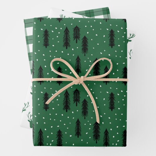 Groene Rustic Holiday Pattern Bossen Trees Pset Inpakpapier Vel (In situ)