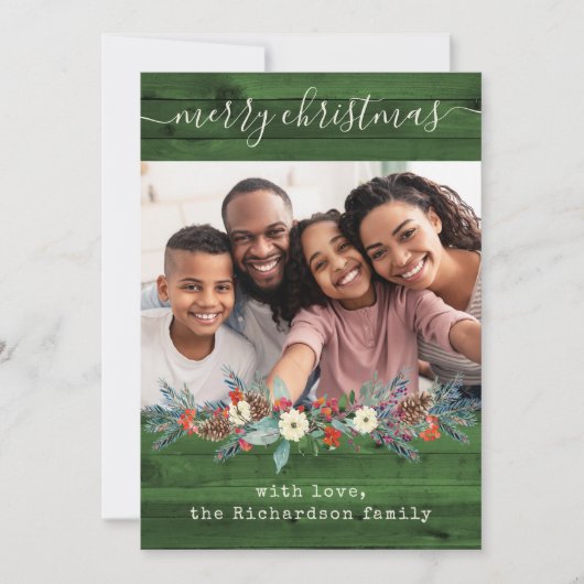 Groene Rustic kerstGreenery | Foto en script Feestdagenkaart (Voorkant)
