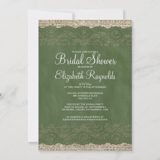 Groene Rustic Lace Bridal Shower Invitations Kaart (Voorkant)