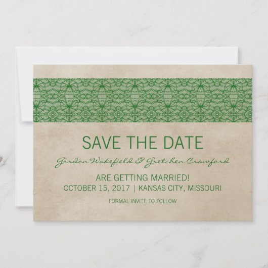 Groene Rustic Lace Save the Date Uitnodiging (Voorkant)