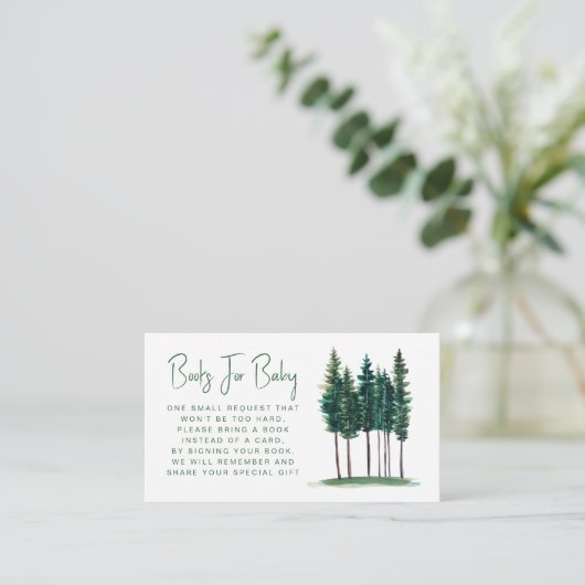 Groene Rustic Pine Trees Book Request Baby shower Informatiekaartje (Staand voorkant)