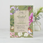 Groene rustieke bloemrijke vogel kunst bruidsshowe kaart (Staand voorkant)
