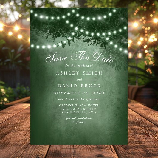Groene Rustieke Boom String Lights Sla de datum Ka Save The Date