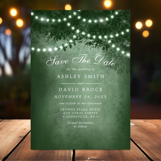 Groene Rustieke Boom String Lights Sla de datum Ka Save The Date