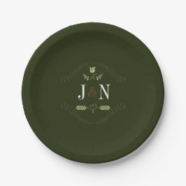 Groene rustieke bos bruiloftsreceptie monogram papieren bordje