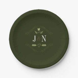Groene rustieke bos bruiloftsreceptie monogram papieren bordje