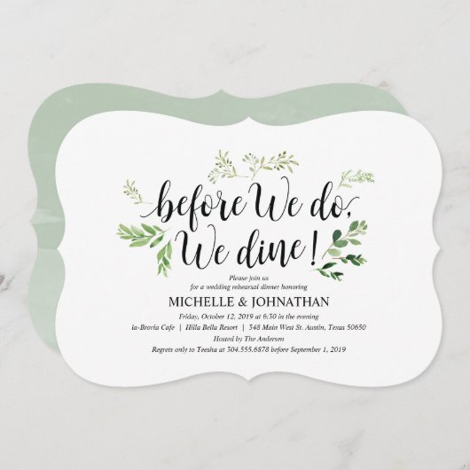 Groene rustieke bruiloft repetitie diner uitnodigi kaart (Voorkant / Achterkant)
