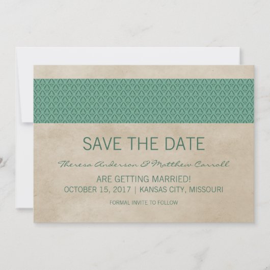 Groene Rustieke Damast Save the Date Uitnodiging (Voorkant)