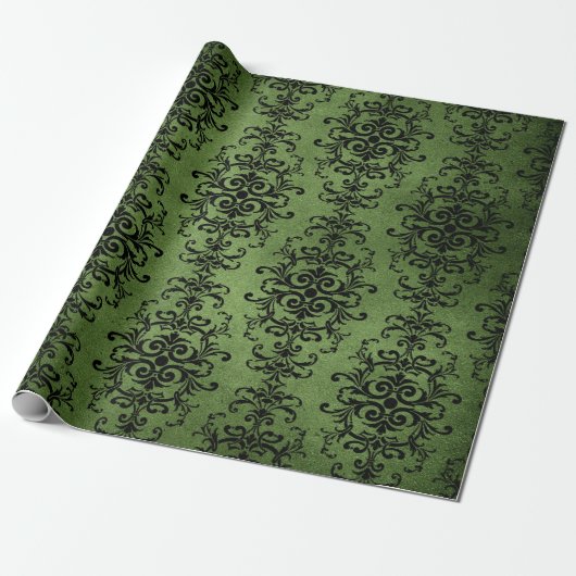 Groene Rustieke Damastprint Cadeaupapier (Uitgerold)