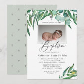 Groene rustieke eucalyptus foto doop kaart (Voorkant / Achterkant)