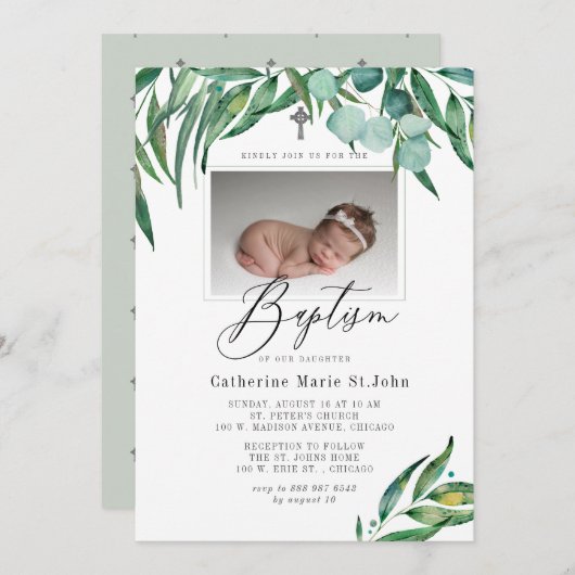 Groene rustieke eucalyptus foto doop kaart (Voorkant / Achterkant)