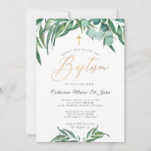 Groene Rustieke Eucalyptus Nep Goud Doop Kaart (Voorkant)