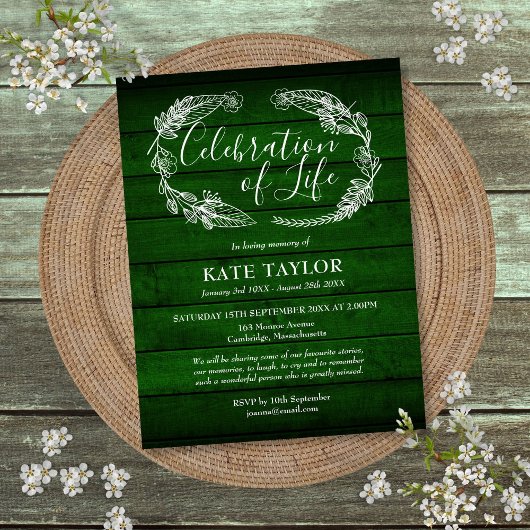 Groene Rustieke Hout Viering van het Leven Begrafe Aankondigingskaart