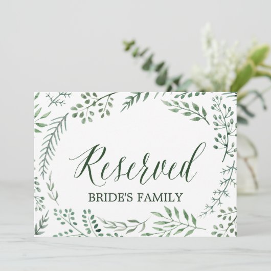 Groene Rustieke Krans Bruiloft "Gereserveerd" Bord Kaart (Staand voorkant)