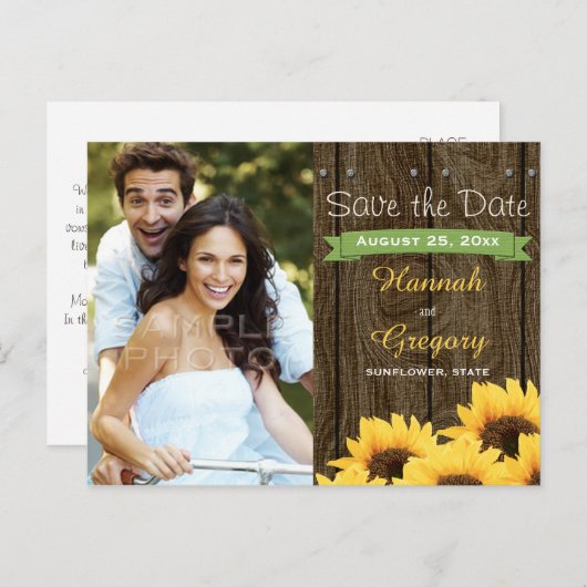 GROENE RUSTIEKE ZONNEBLOEM SAVE THE DATE BRIEFKAAR AANKONDIGINGSKAART (Voorkant / Achterkant)