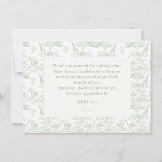Groene Safari Toile D Jouy Oerwoud Theme Baby show Bedankkaart (Achterkant)