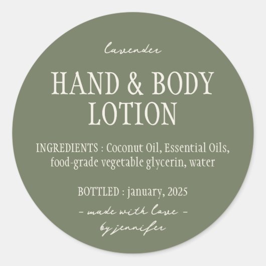 Groene Sage Fles Hand Body Lotion Ingrediënten Ronde Sticker (Voorkant)