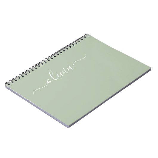 Groene Sage Modern Script Girly Monogram Naam Notitieboek (Linkerzijde)