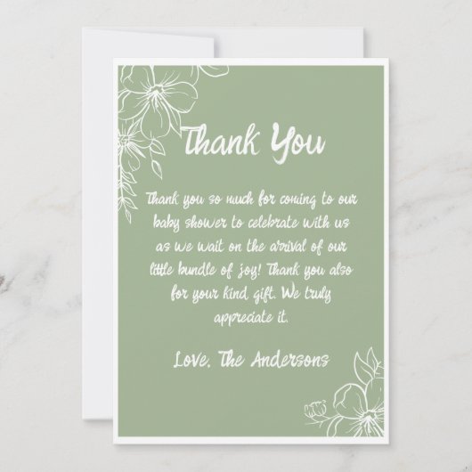 Groene salie babyshower bedankkaart kaart (Voorkant)