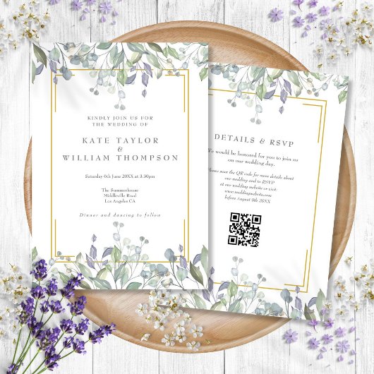 Groene Salie Lila Bloemencode QR Code Bruiloft Kaart