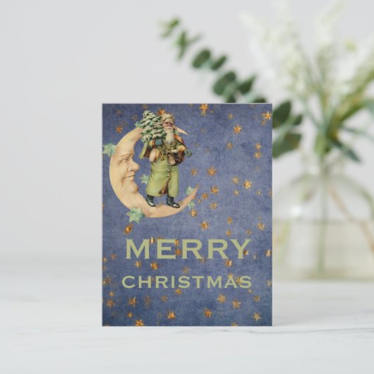 Groene  Santa Crescent Moon Sterrennacht Feestdagenkaart (Staand voorkant)