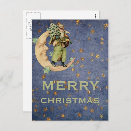Groene  Santa Crescent Moon Sterrennacht Feestdagenkaart (Voorkant / Achterkant)