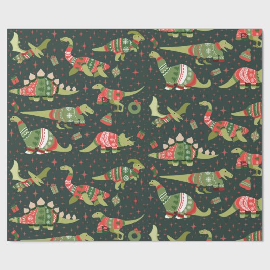Groene Schattigee Dinosaurussen Kersttruien Cadeaupapier (Vlak)