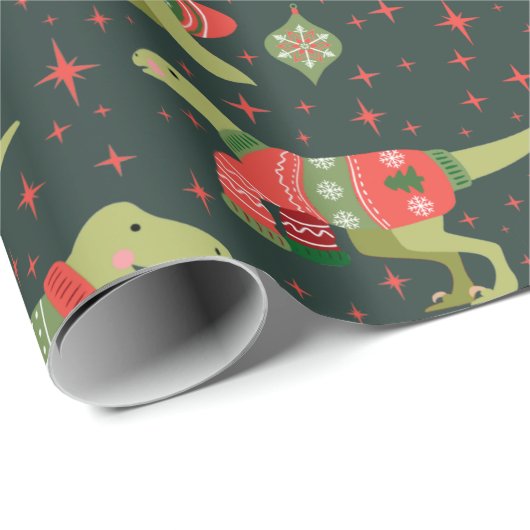 Groene Schattigee Dinosaurussen Kersttruien Cadeaupapier (Rol Hoek)