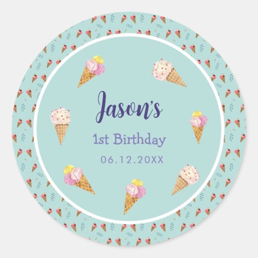 Groene Schattigee Ice Cream Cone Kinder Jongen Ver Ronde Sticker (Voorkant)