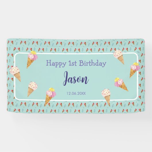 Groene Schattigee Ice Cream Cone Kinder Jongen Ver Spandoek (Horizontaal)