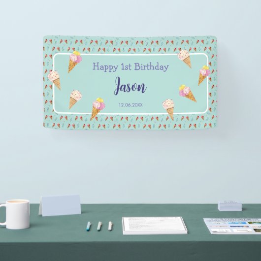 Groene Schattigee Ice Cream Cone Kinder Jongen Ver Spandoek (Beurs)