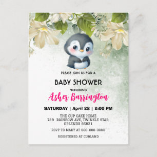 Groene Schattigee zoete pinguïn bloem baby shower  Briefkaart
