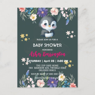 Groene Schattigee zoete pinguïn bloem baby shower  Briefkaart