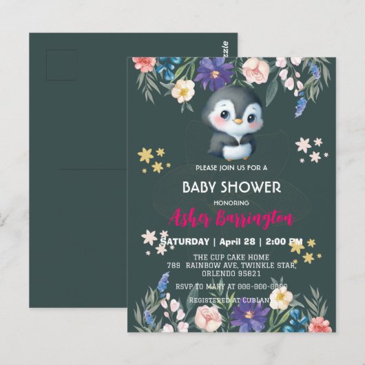Groene Schattigee zoete pinguïn bloem baby shower Briefkaart (Voorkant / Achterkant)