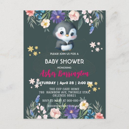 Groene Schattigee zoete pinguïn bloem baby shower  Briefkaart (Voorkant)