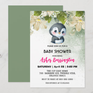 Groene Schattigee zoete pinguïn bloem baby shower Kaart